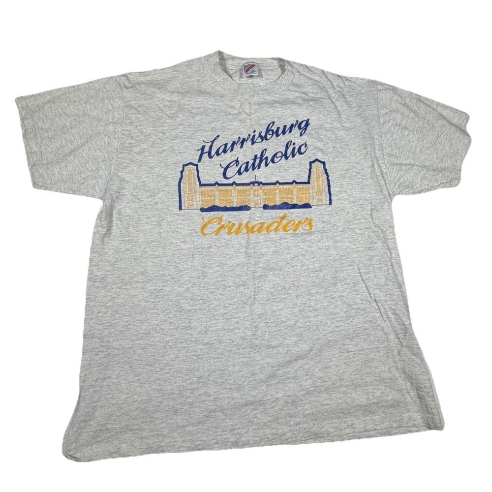 Harrisburg Catholic Crusaders Vintage McDevitt Gray T-Shirt Jerzees XL Made USA